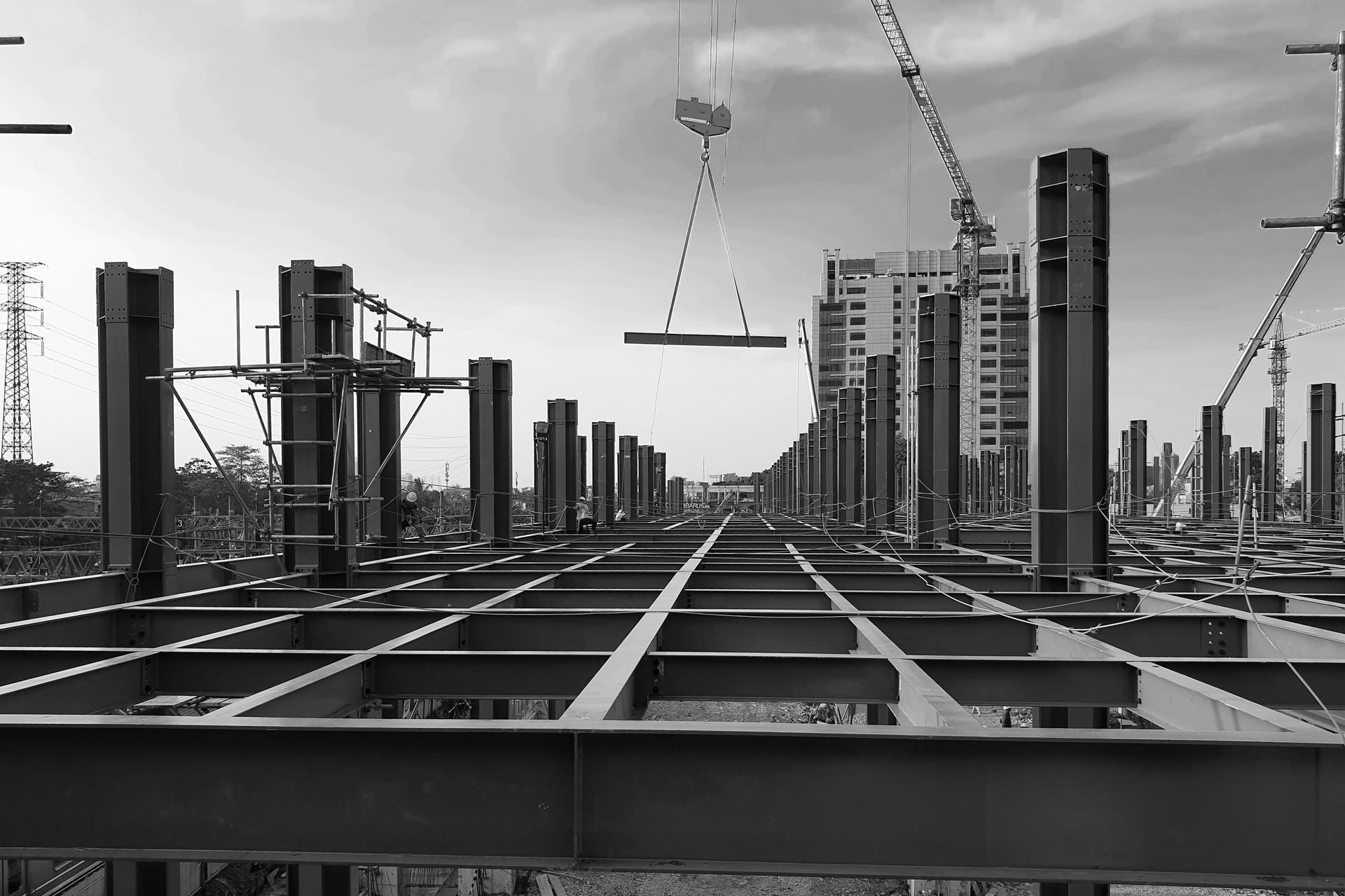Structural steel erection at a construction site