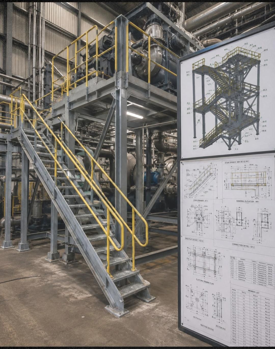 Fabricated steel platform and staircase with shop drawings